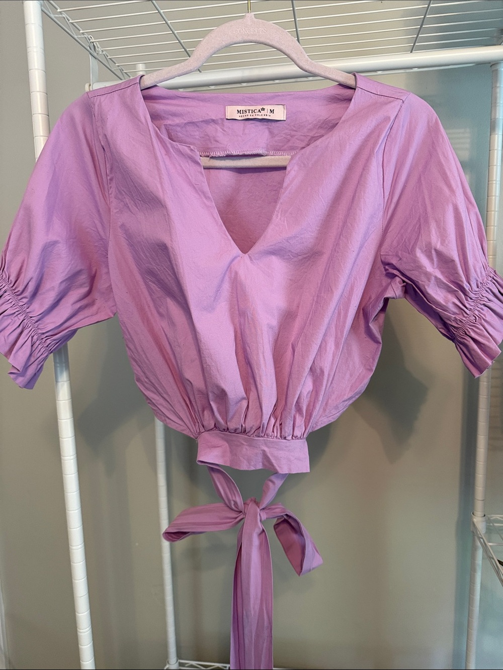 Lavender V-Neck Tie-Back Crop Blouse